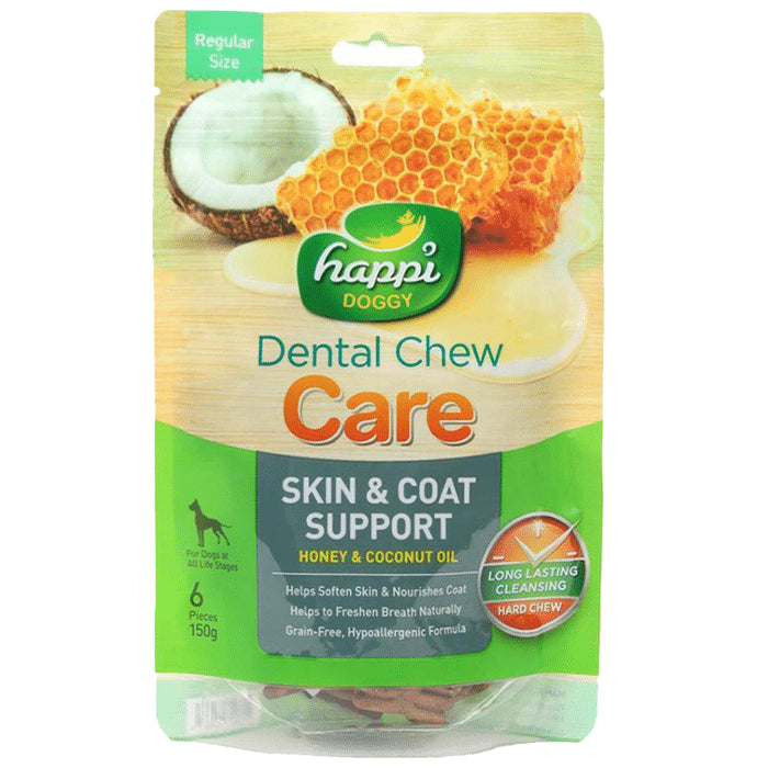 Heads Up For Tails Happi Doggy Dental Chew Care Skin & Coat Support Regular 4 Inch Honey & Coconut Oil - Classic Derma