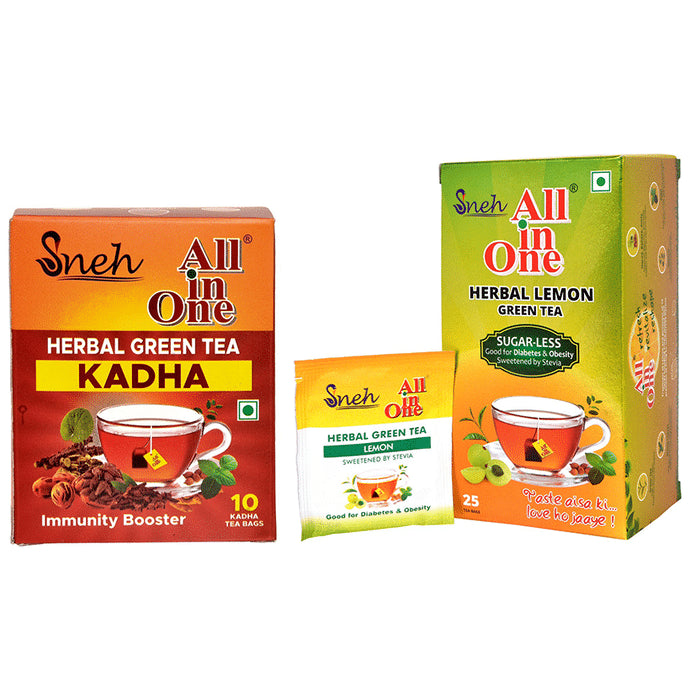 Sneh Combo Pack of All in One Kadha Herbal Green Tea (10 Tea Bags, 2.5gm Each) and Herbal Lemon Green Tea Sugar-Less (25 Tea Bags, 2gm Each) - Classic Derma