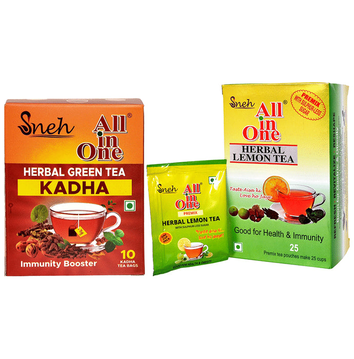 Sneh Combo Pack of All in One Kadha Herbal Green Tea (10 Tea Bags, 2.5gm Each) and Herbal Lemon Tea Premix with Sulphur-Less Sugar (25 Pouches, 10gm Each) - Classic Derma
