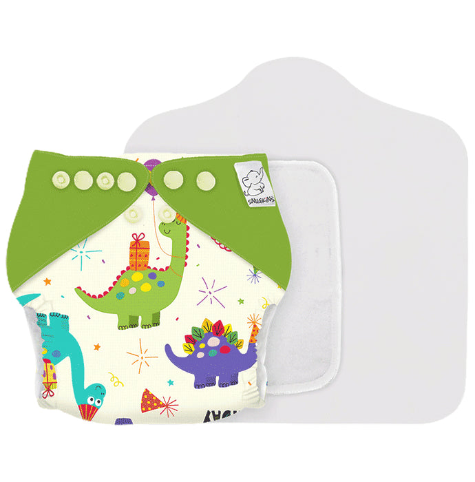 Snugkins New Age Reusable,Waterproof & Washable Cloth Diapers for Babies (0-2 years) Contains 1 Wet-Free Organic Cotton Prefold Pad & 1 Booster Pad Birthday Bumps - Classic Derma