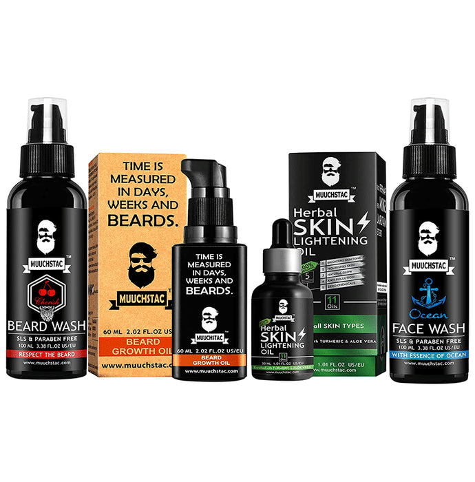 Muuchstac Combo Pack of Cheris Beard Wash 100ml, Beard Growth Oil 60ml, 100% Organic Herbal Skin Lightening Oil 30ml & Ocean Face Wash 100ml - Classic Derma