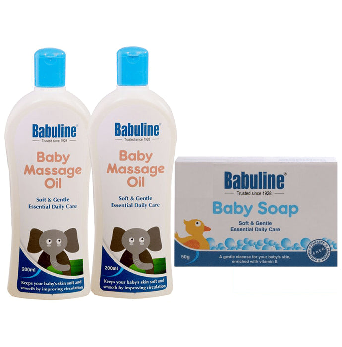 Babuline Combo Pack of Baby Massage Oil 200ml (Pack of 2) with Free Mini Soap for Baby 50gm - Classic Derma