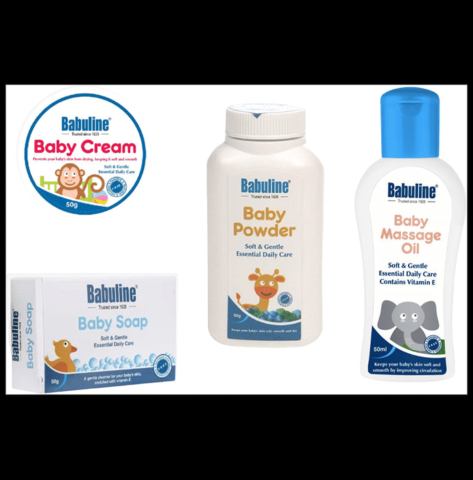 Babuline Complete Baby Care Kit 4 Products Massage Oil 50ml, Soap 50gm, Baby Cream 50gm, Powder 50gm for New Born Babies - Classic Derma