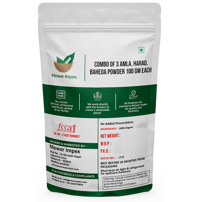 Mewar Impex Combo Pack of Organic Amla Indian Gooseberry Powder, Organic Baheda Powder & Organic Harad Myrobalan Powder (100gm Each)