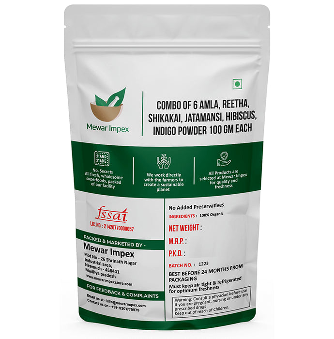 Mewar Impex Combo Pack of Organic Shikakai Powder, Organic Amla Indian Gooseberry Powder, Organic Reetha Soapnut Powder, Organic Indigo Powder, Organic Jatamansi Powder & Organic Hibiscus Flower Powder (100gm Each)