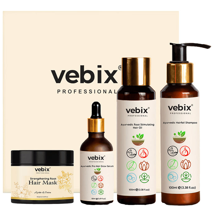 Vebix Professional HairCare Regimen -Ayurvedic 4 Product Kit for All Hair Lotus AntiHairfall Shampoo + Anti HairFall Neem Oil + Hair Keratin Mask & Hair Growth Serum - Classic Derma