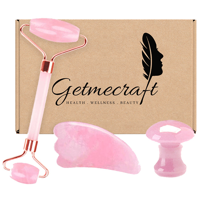 Get Me Craft Rose Quartz Roller and Wing Shaped Gua Sha With Rose Quartz Mushroom Gua Sha - Classic Derma