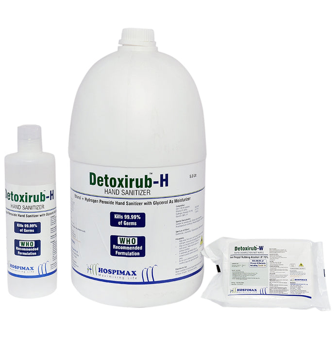 Detoxirub Combo Pack of Detoxirub-H Hand Sanitizer 5Ltr, 500ml & Detoxirub-W Rapid Disinfection 30 Wet Wipes - Classic Derma