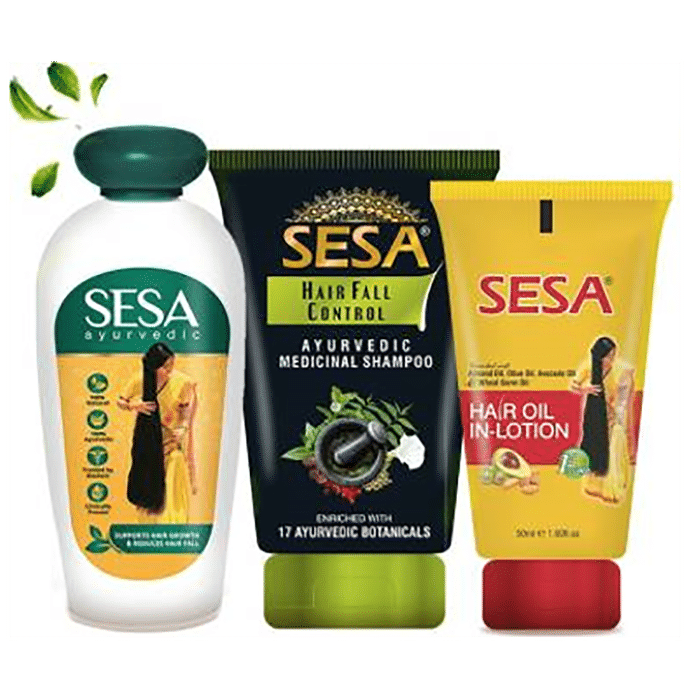 Sesa Combo Pack of 1 Bottle of Ayurvedic Hair Oil 100ml, 1 Tube of Hair Fall Control Ayurvedic Medicinal Shampoo 100ml & 1 Tube of Hair Oil In-Lotion 50ml - Classic Derma