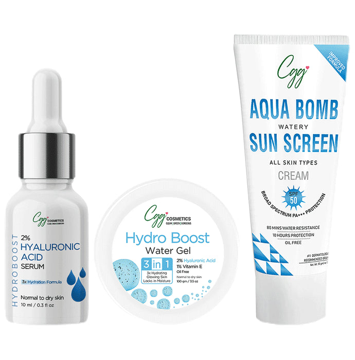 CGG Cosmetics Combo Pack of 2% Hyaluronic Acid Serum (10ml) & Hydro Boost Water Gel (100gm) , Aqua Bomb Watery Sunscreen Cream SPF 50 (50 gm) - Classic Derma