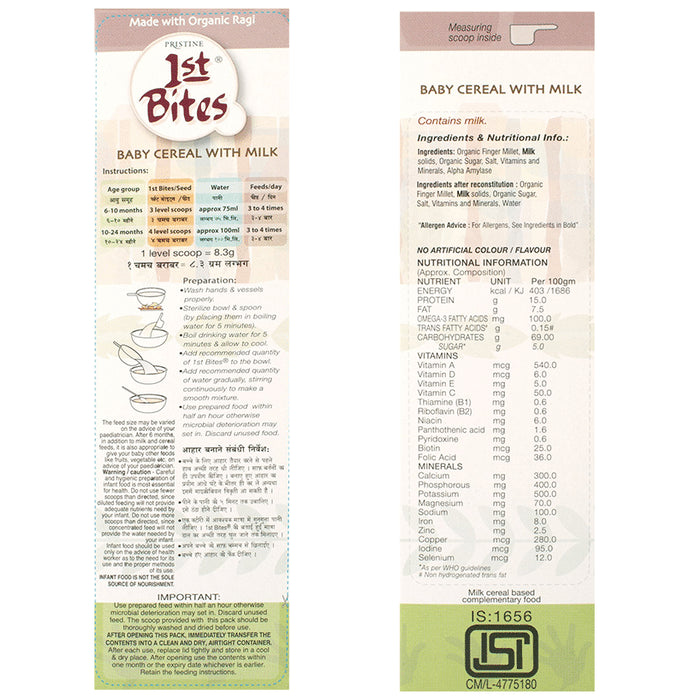 Pristine 1st Bites (6 Months - 24 Months) Stage-1 Baby Cereal with Milk | Ragi