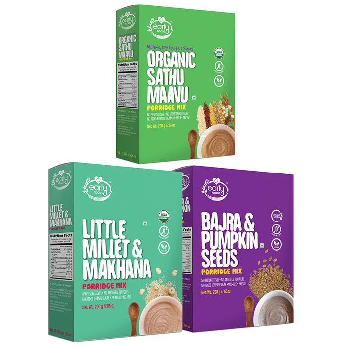 Early Foods Combo Pack of Organic Sathu Maavu Porridge Mix, Little Millet & Makhana Porridge Mix and Bajra & Pumpkin Seeds Porridge Mix (200gm Each) - Classic Derma