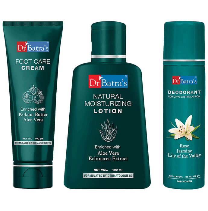 Dr Batra's Combo Pack of Natural Moisturizing Lotion 100ml, Deodorant for Women 100gm and Foot Care Cream 100gm - Classic Derma