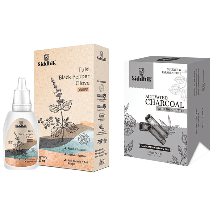 Siddhik Combo Pack of Tulsi Black Pepper Clove Drop 30ml & Activated Charcoal With Shea Butter Soap 125gm - Classic Derma