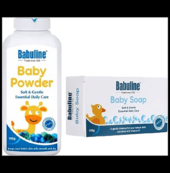 Babuline Baby Powder 100gm (Pack of 2) & Baby Soap 100gm (Pack of 2) Each Travel Kit | Suitable & Safe for newborn babies | Vitamin E | Paraben & Sulphate Free | Dermatologically tested - Classic Derma
