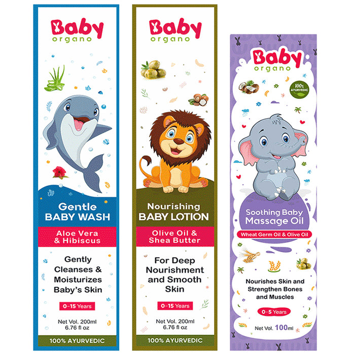 Baby Organo Combo Pack of Gentle Baby Wash 200ml, Nourishing Baby Lotion 200ml & Soothing Baby Massage Oil 100ml - Classic Derma