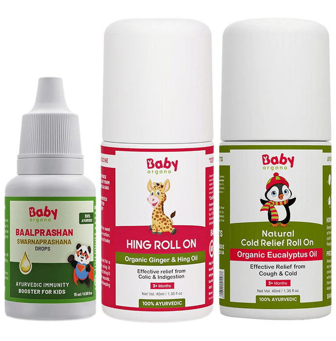 Baby Organo Combo Pack of Swarnaprashan (15ml), Hing Roll On (40ml) & Cold Relief Roll On (40ml) - Classic Derma