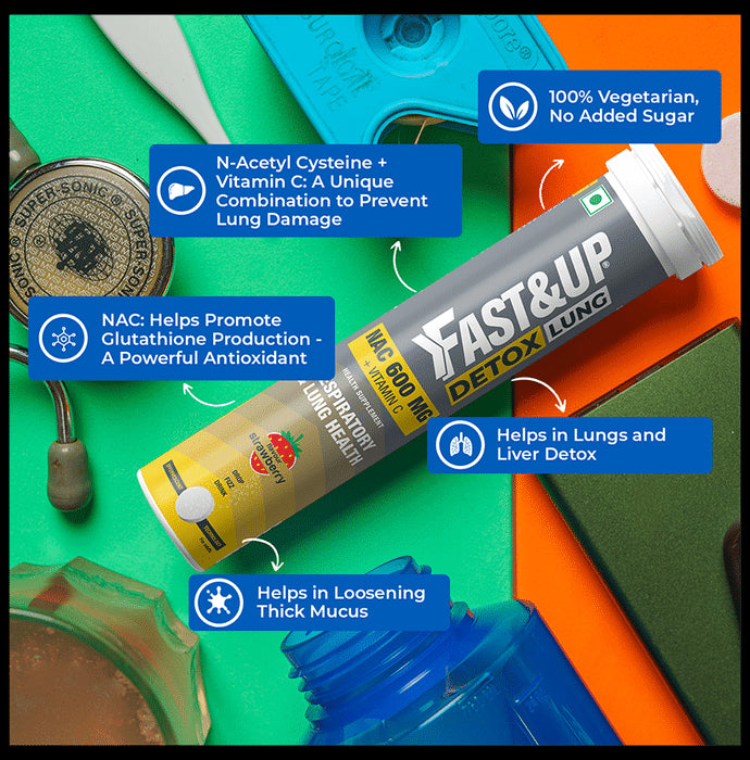 Fast&Up Detox Lung | With NAC 600mg & Vitamin C for Lung & Respiratory Support | Flavour Effervescent Tablet Strawberry
