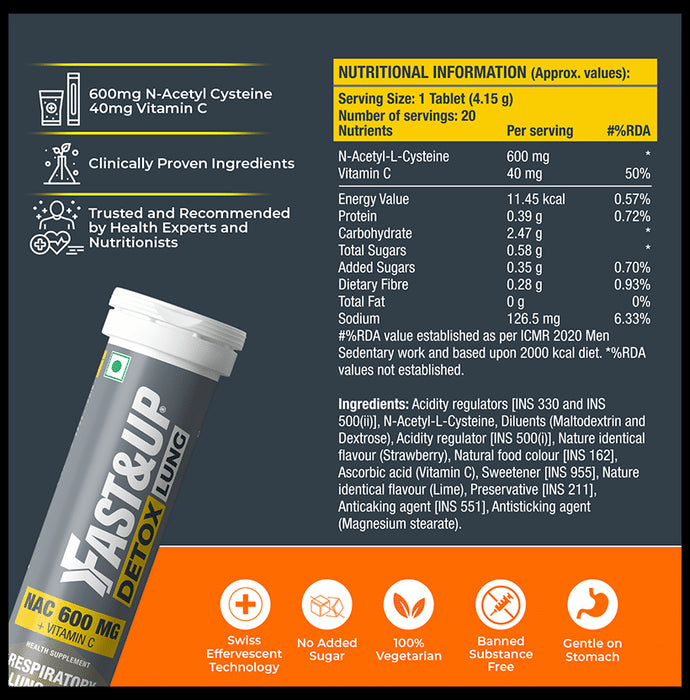 Fast&Up Detox Lung | With NAC 600mg & Vitamin C for Lung & Respiratory Support | Flavour Effervescent Tablet Strawberry