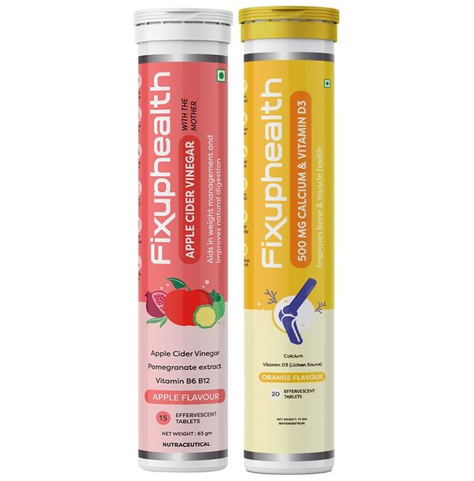 Combo Pack of Fixuphealth Apple Cider Vinegar Effervescent Tablet with the Mother Apple (15) & Fixuphealth Calcium 500mg & Vitamin D3 Effervescent Tablet Orange (20) - Classic Derma