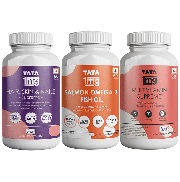 Combo Pack of Tata 1mg Multivitamin Supreme Capsule (60), Salmon Omega 3 Fish Oil Capsule (60) & Hair, Skin & Nails Supreme Capsule (60) - Classic Derma