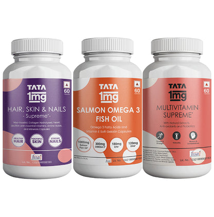 Combo Pack of Tata 1mg Multivitamin Supreme Capsule (60), Salmon Omega 3 Fish Oil Capsule (60) & Hair, Skin & Nails Supreme Capsule (60) - Classic Derma