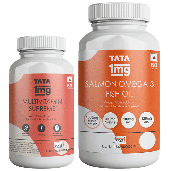Combo Pack of Tata 1mg Salmon Omega 3 Fish Oil Capsule & Tata 1mg Multivitamin Supreme, Zinc, Calcium and Vitamin D Capsule (60 Each) - Classic Derma