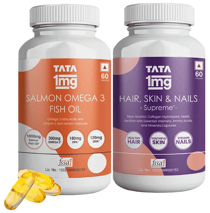 Combo Pack of Tata 1mg Salmon Omega 3 Fish Oil Capsule (60) & Tata 1mg Hair, Skin & Nails Supreme Biotin Capsule (60) - Classic Derma