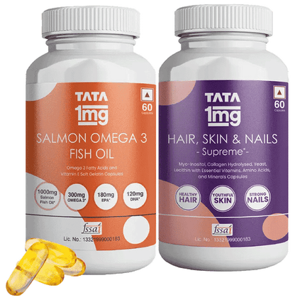 Combo Pack of Tata 1mg Salmon Omega 3 Fish Oil Capsule (60) & Tata 1mg Hair, Skin & Nails Supreme Biotin Capsule (60) - Classic Derma