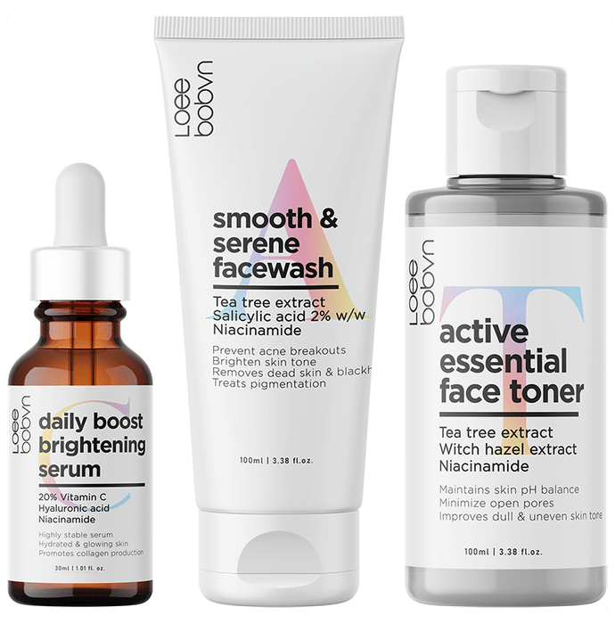 Loee bobvn Combo Pack of Smooth & Serene Facewash 100ml, Active Essential Face Toner 100ml and Daily Boost Brightening Serum 30ml - Classic Derma
