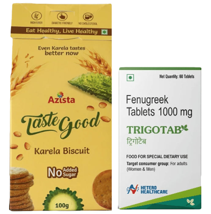 Azista Diabetic Combo of Tastegood Karela Biscuits (4) & Trigotab Tablets (60) - Classic Derma