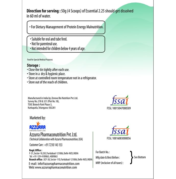 Azzurra Essential High Calorie Nutrition 2.25 | Flavour Powder Vanilla