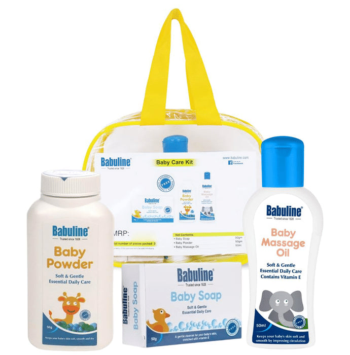 Babuline Baby Care Kit | Baby Powder, Baby Massage Oil & Baby Soap | Baby First Gift Combo Set Bag | Newborn Baby Skin Care Kit - Classic Derma