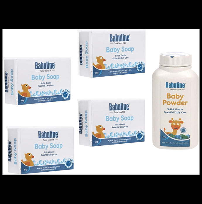 Babuline Baby Soap 50gm Baby Powder 50gm for New Born Babies Bath & Skin Essentials Combo Value Pack for Babies - Classic Derma