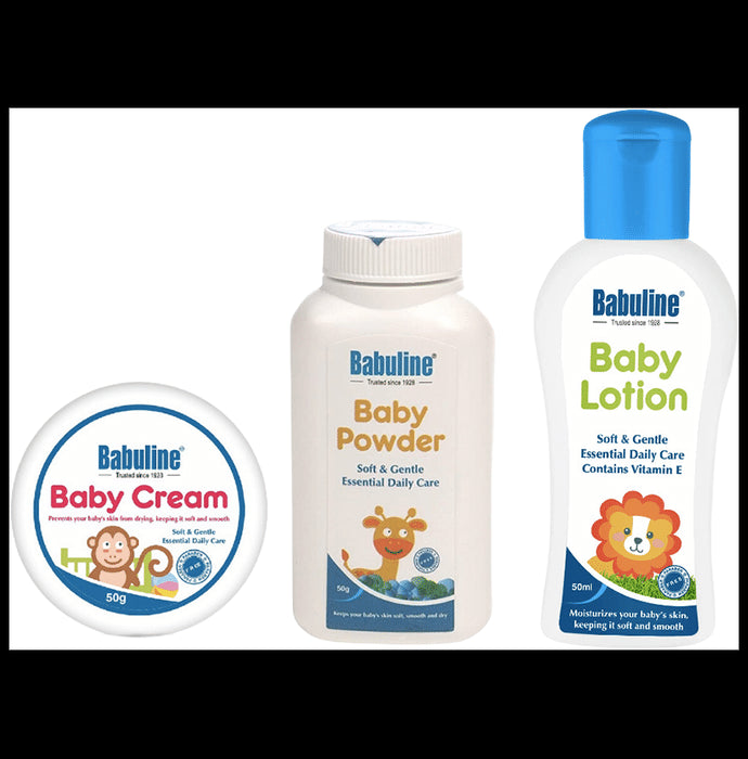 Babuline Complete Baby Care Kit Baby Powder 50gm, Lotion 50gm, Baby Cream 50gm for New Born Babies Bath & Skin Essentials Combo - Classic Derma