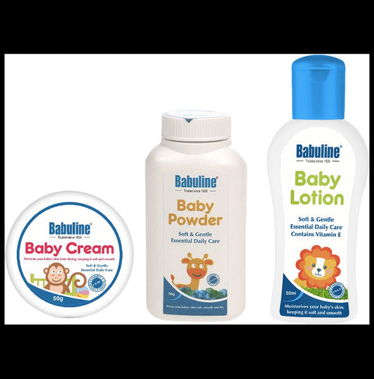 Babuline Complete Baby Care Kit Baby Powder 50gm, Lotion 50gm, Baby Cream 50gm for New Born Babies Bath & Skin Essentials Combo - Classic Derma