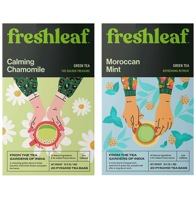 Freshleaf Combo Pack of Calming Chamomile Tea Bag (20) & Moroccan Mint Green Tea Bag (20) - Classic Derma