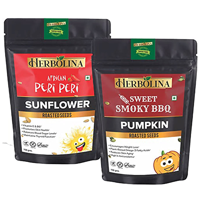Herbolina Pumpkin & Sunflower Roasted Seeds (150gm Each) African Peri Peri & Sweet Smoky BBQ - Classic Derma