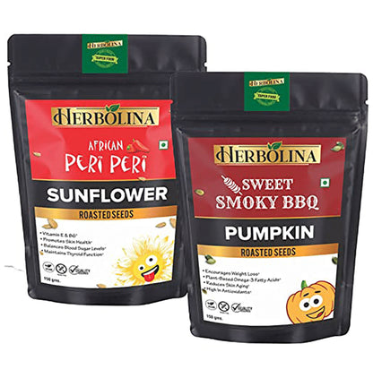Herbolina Pumpkin & Sunflower Roasted Seeds (150gm Each) African Peri Peri & Sweet Smoky BBQ - Classic Derma