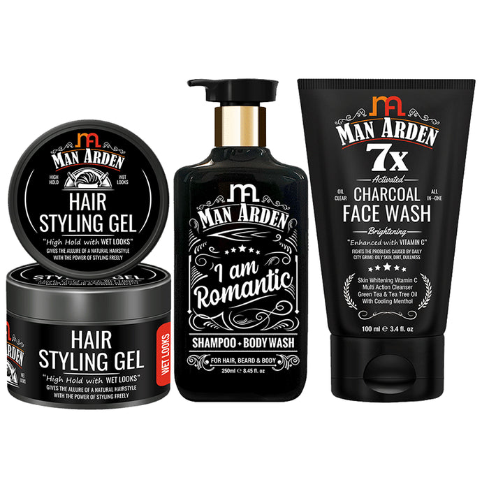 Man Arden Combo Pack of Hair Styling Gel (50gm), I Am Romantic Shampoo + Body Wash (250ml) & Charcoal Face Wash (100ml) - Classic Derma