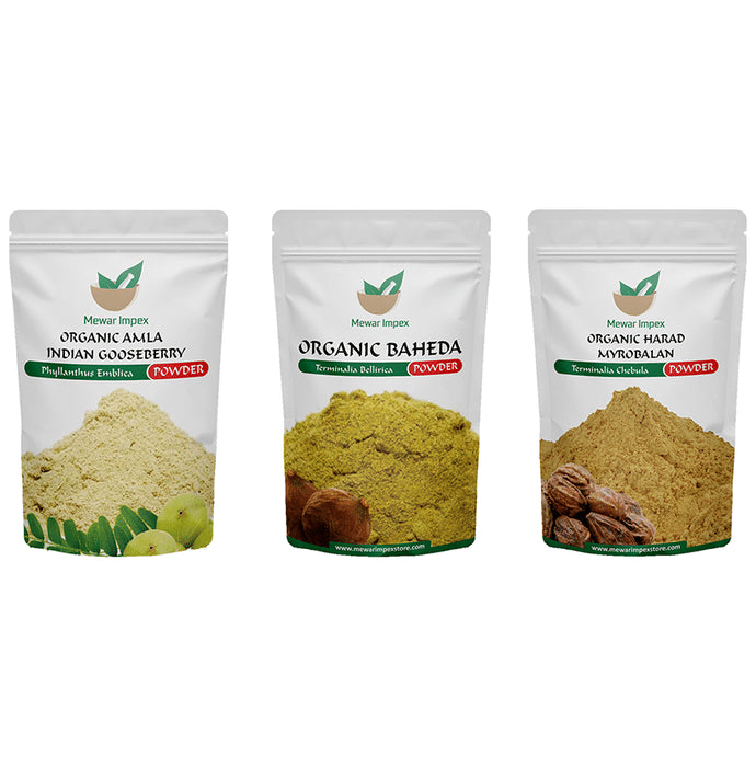 Mewar Impex Combo Pack of Organic Amla Indian Gooseberry Powder, Organic Baheda Powder & Organic Harad Myrobalan Powder (100gm Each) - Classic Derma