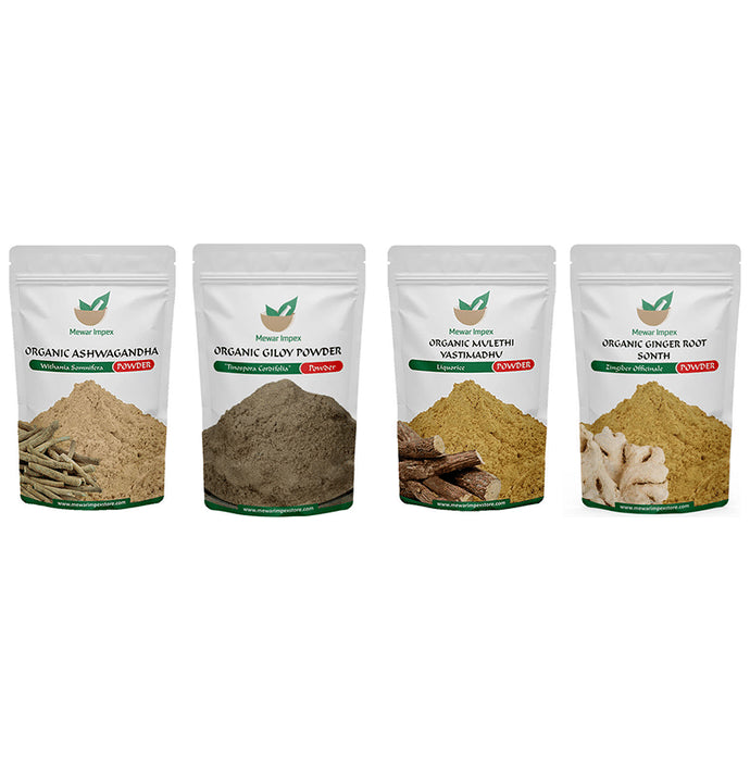 Mewar Impex Combo Pack of Organic Ashwagandha Powder, Organic Giloy Powder, Organic Ginger Root Sonth Powder & Organic Mulethi Yastimadhu Powder (100gm Each) - Classic Derma