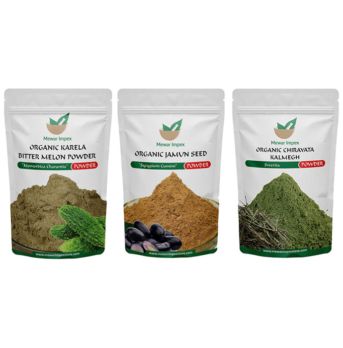 Mewar Impex Combo Pack of Organic Karela Bitter Melon Powder, Organic Chirayata Kalmegh Powder & Organic Jamun Seed Powder (100gm Each) - Classic Derma