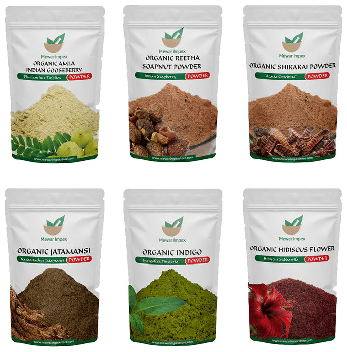 Mewar Impex Combo Pack of Organic Shikakai Powder, Organic Amla Indian Gooseberry Powder, Organic Reetha Soapnut Powder, Organic Indigo Powder, Organic Jatamansi Powder & Organic Hibiscus Flower Powder (100gm Each) - Classic Derma