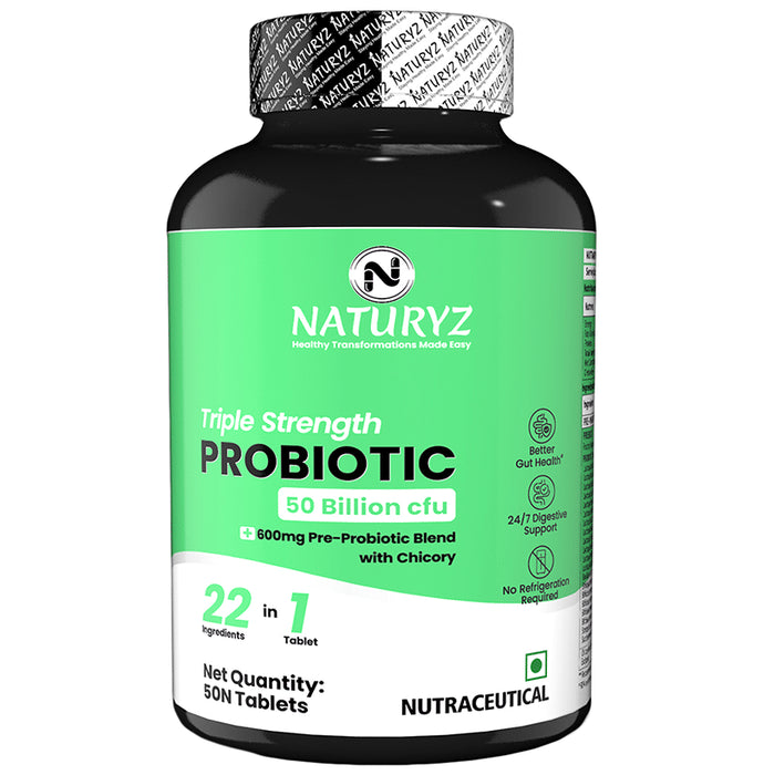 Naturyz Triple Strength Probiotic 50 Billion Cfu & 600mg Prebiotics Tablet for Gut Health - Classic Derma