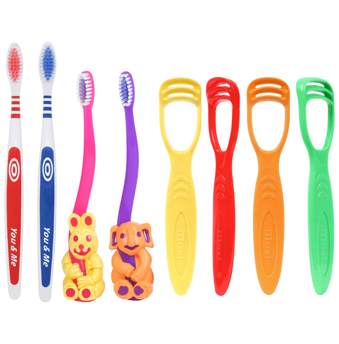 Maxi Oral Care Family Pack of 2 Adults You & Me Active Toothbrush & 2 Kids Bingo Junior Toothbrush & 4 Tongue Cleaner Pack - Classic Derma