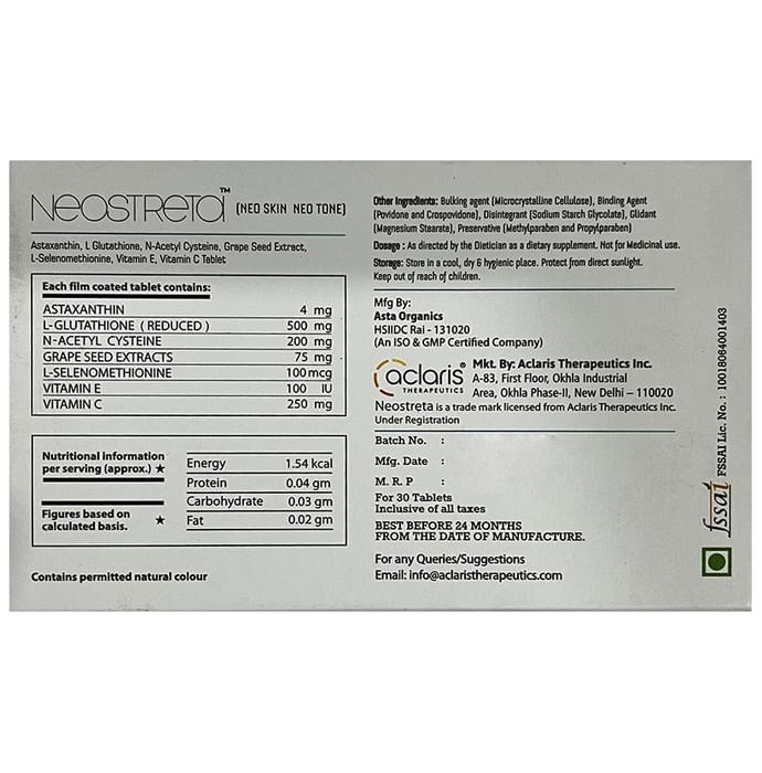 Neostreta Tablet with Astaxanthin, Glutathione, NAC & Grape Seed Extract