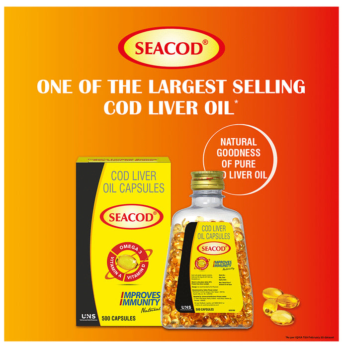 Seacod Cod Fish Liver Oil Softgel Capsules With Natural Omega 3, Natural EPA & DHA |Vitamin D & A | For Immune Health, Healthy Heart, Brain, Eyes, Joints & Muscles