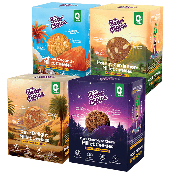 The Bettr Choice Combo Pack of Cashew Coconut, Peanut Cardamon, Date Delight & Dark Chocolate Chunk Millet Cookies (100gm Each) Gluten Free - Classic Derma