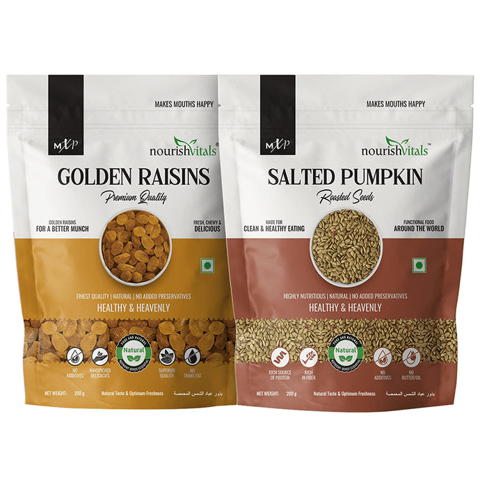 NourishVitals Combo Pack of Golden Raisins Premium Quality and Salted Pumpkin Roasted Seeds (200gm Each) - Classic Derma